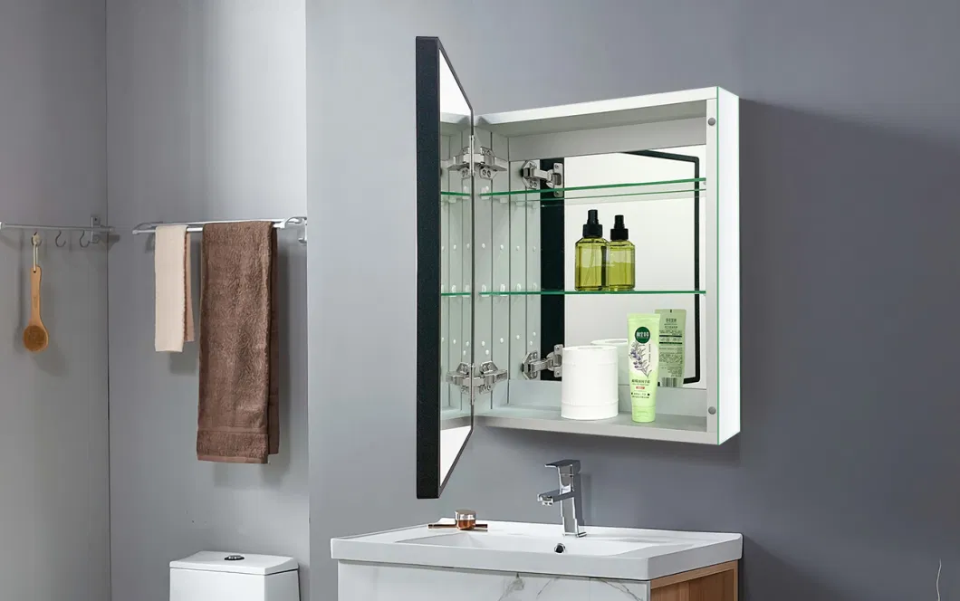 20*16 Inch Aluminum Bathroom Mirror Cabinet Black Wood Framed Wall Aluminum Alloy Waterproof Medicine Cabinet with Single Door