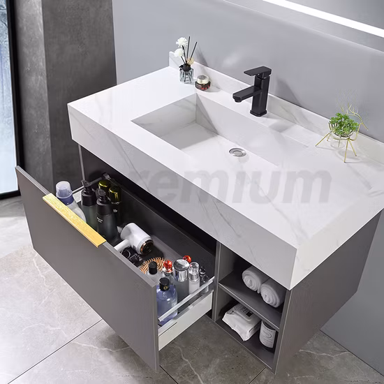 Modern Wall Mounted Matte Black Slate Bathroom Cabinet Vanity Set Single Sink Floating Vanity with Mirror