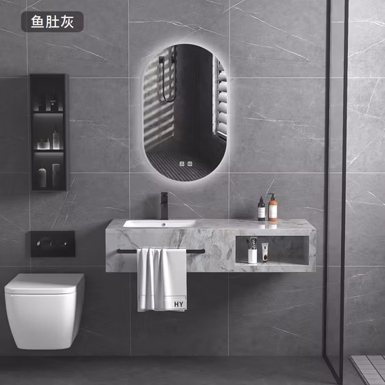 Bathroom Vanity Hotel Rock Slab Basin Shower Room Cabinet with LED Mirror
