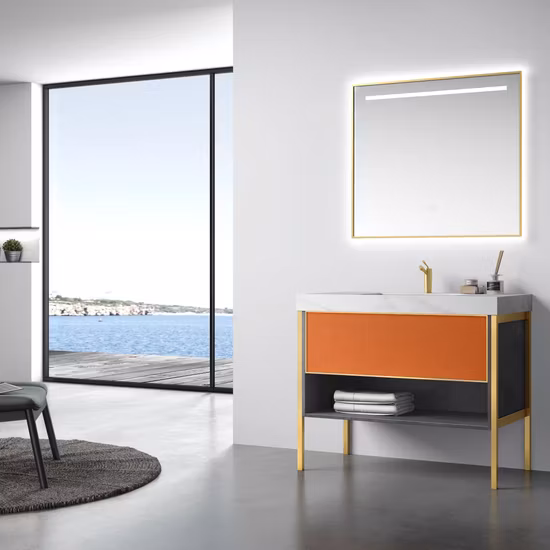 Floor Standing Brass Leg Yellow Bathroom Vanity Cabinets for Inns Projects